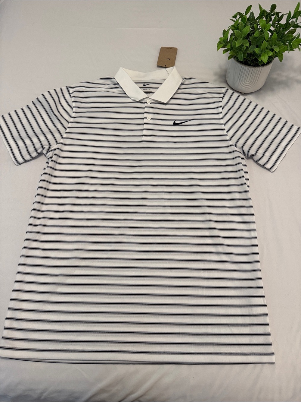 Nike Men's White Polo with Black Horizontal Stripes